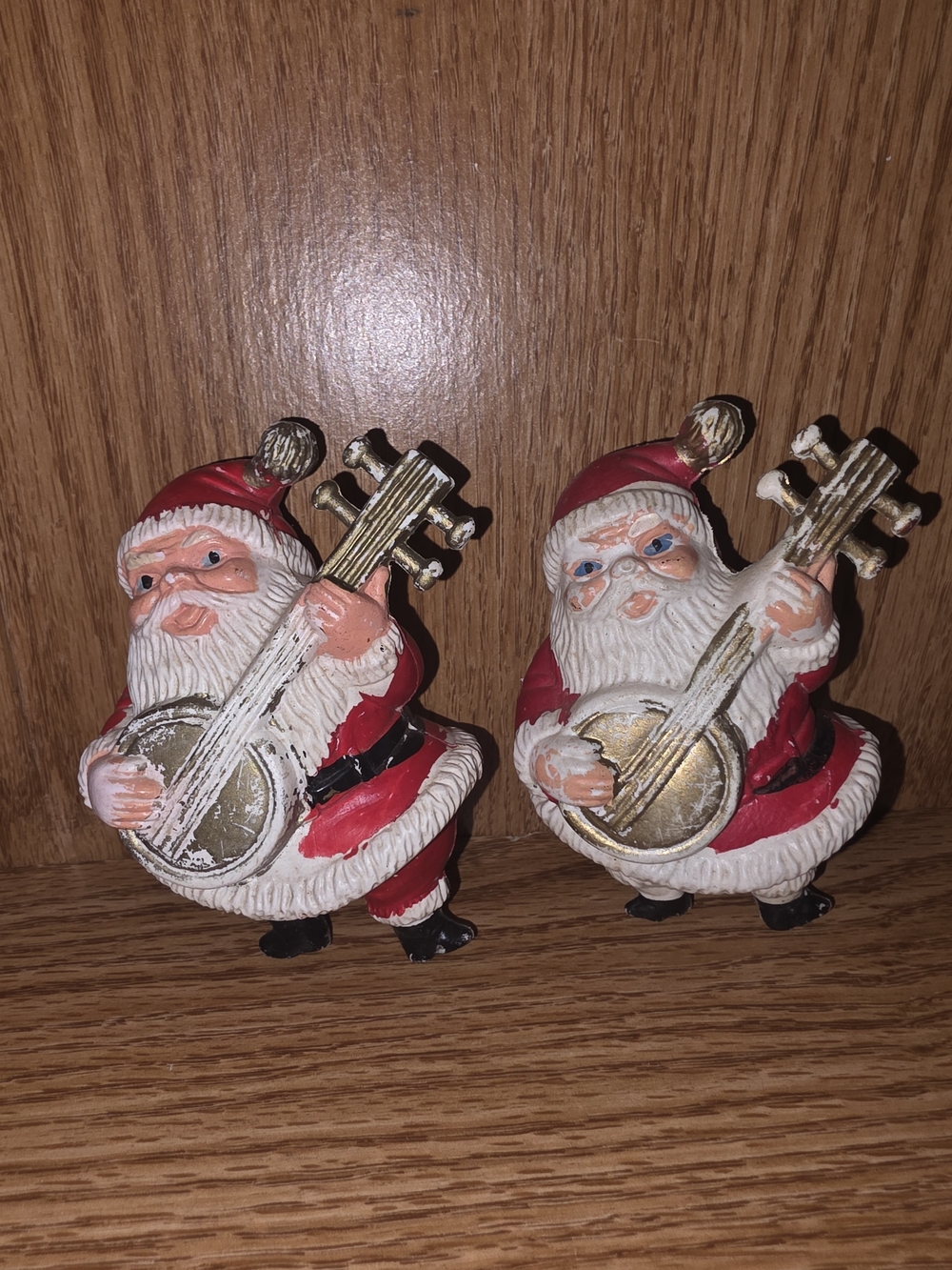 Vintage Holiday Santa Playing Banjo Figurine Set of 2 From 1950s